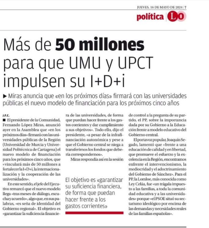 🔵@LopezMirasF anuncia un nuevo modelo de financiación para los próximos 5 años para fortalecer la I+D+i y la internacionalización de las universidades públicas de la #RegióndeMurcia

Un acuerdo que vinculará más de 50 millones

👇Así lo recogen los medios regionales