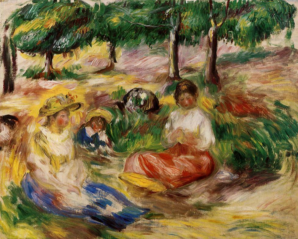 Three Young Girls Sitting in the Grass wikiart.org/en/pierre-augu…