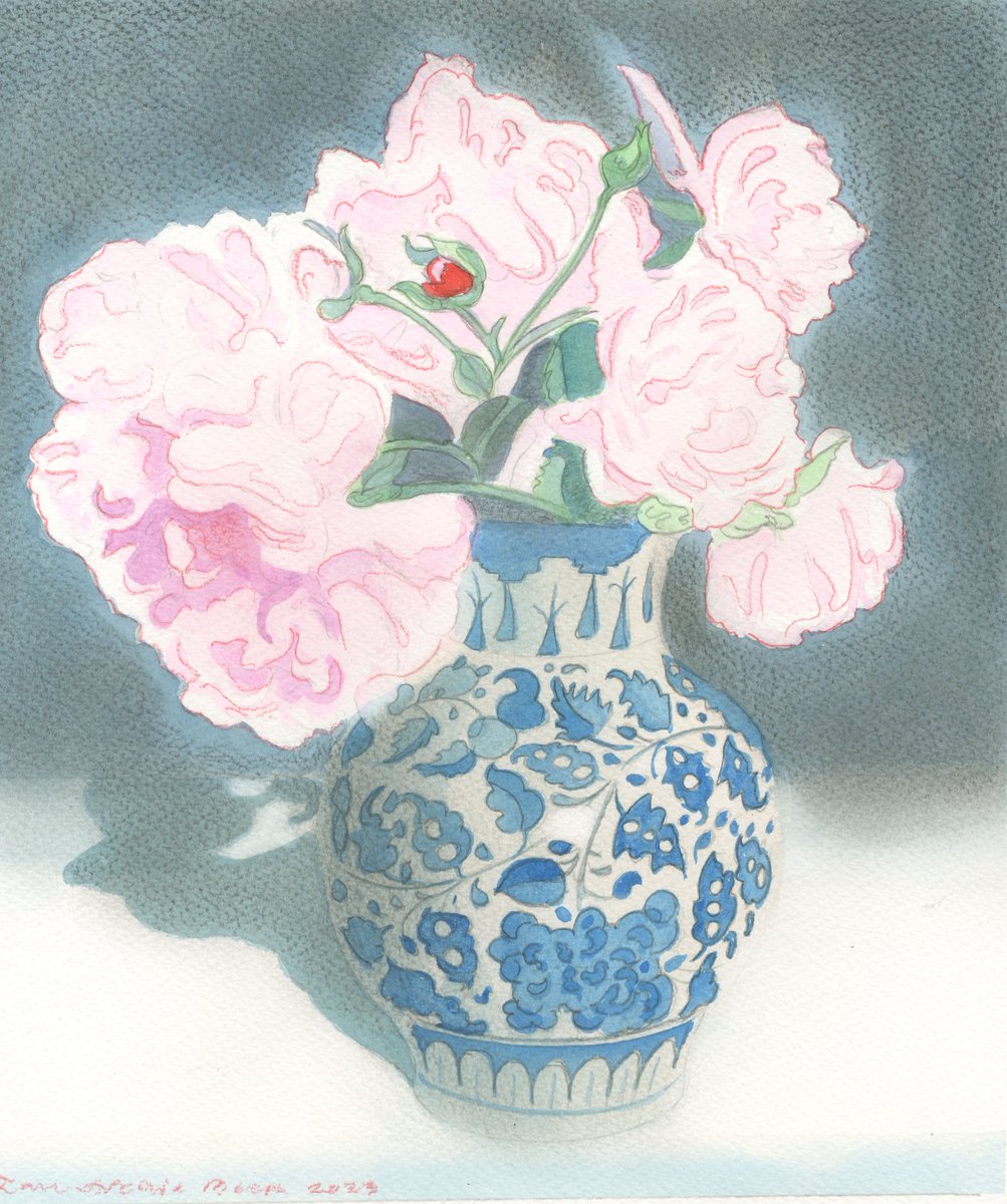 Garden Roses in a Blue and White Vase: watercolour from 2023