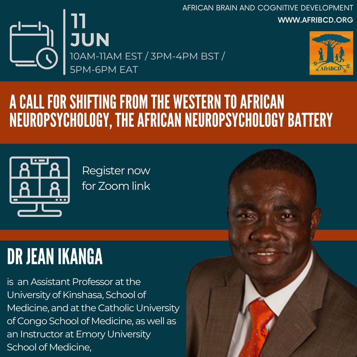 📢 Next AfriBCD seminar series talk: A Call for Shifting from the Western to African Neuropsychology, the African Neuropsychology Battery When: June 11 2024, 10-11am EST / 3-4pm BST / 5-6pm EAT Register here: qmul-ac-uk.zoom.us/meeting/regist…