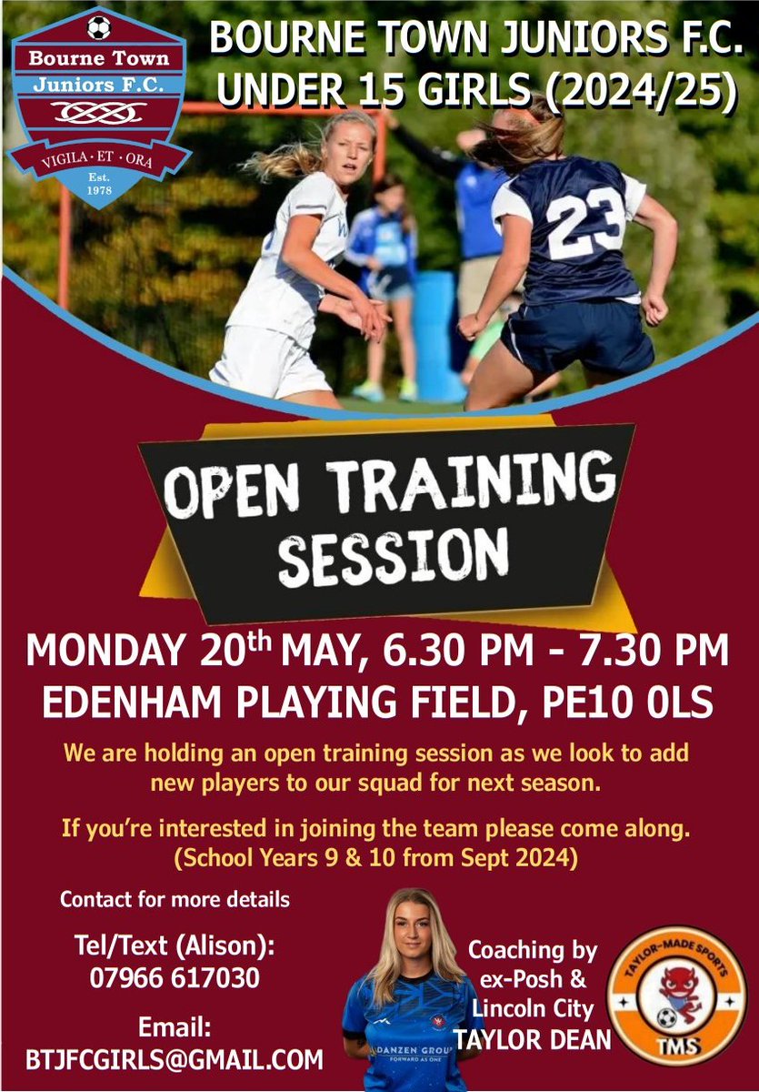 ⚽️ 𝙊𝙋𝙀𝙉 𝙏𝙍𝘼𝙄𝙉𝙄𝙉𝙂 𝙎𝙀𝙎𝙎𝙄𝙊𝙉  
📅  Mon 20th May 24
🕡 6.30pm - 7.30pm
📍Edenham Playing Field (behind village hall) PE10 0LS
𝘐𝘯𝘵𝘦𝘳𝘦𝘴𝘵𝘦𝘥 𝘪𝘯 𝘫𝘰𝘪𝘯𝘪𝘯𝘨 𝘵𝘩𝘦 𝘵𝘦𝘢𝘮?
𝘗𝘭𝘦𝘢𝘴𝘦 𝘤𝘰𝘮𝘦 𝘢𝘭𝘰𝘯𝘨.