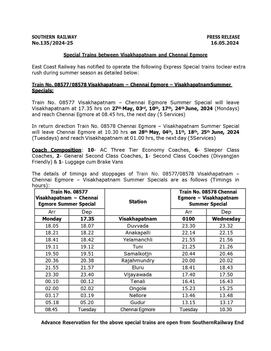 East Coast Railway has notified to operate #SpecialTrains between #Visakhapatnam and #Chennai Egmore to clear extra rush during the #SummerSeason.

Passengers, kindly take note and plan your journey!

#SouthernRailway #SummerSpecial #RailwayUpdate #RailwayAlert #TrainTravel