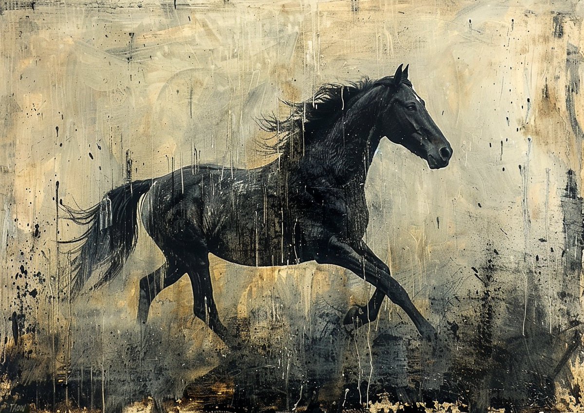 GM.  This one's an older prompt from last year that someone reminded me of yesterday.  Re-rolled now in v6 and happy to see it still works :)

'Encaustic chalk nighmare black horse, watercolour, negative space' #midjourney