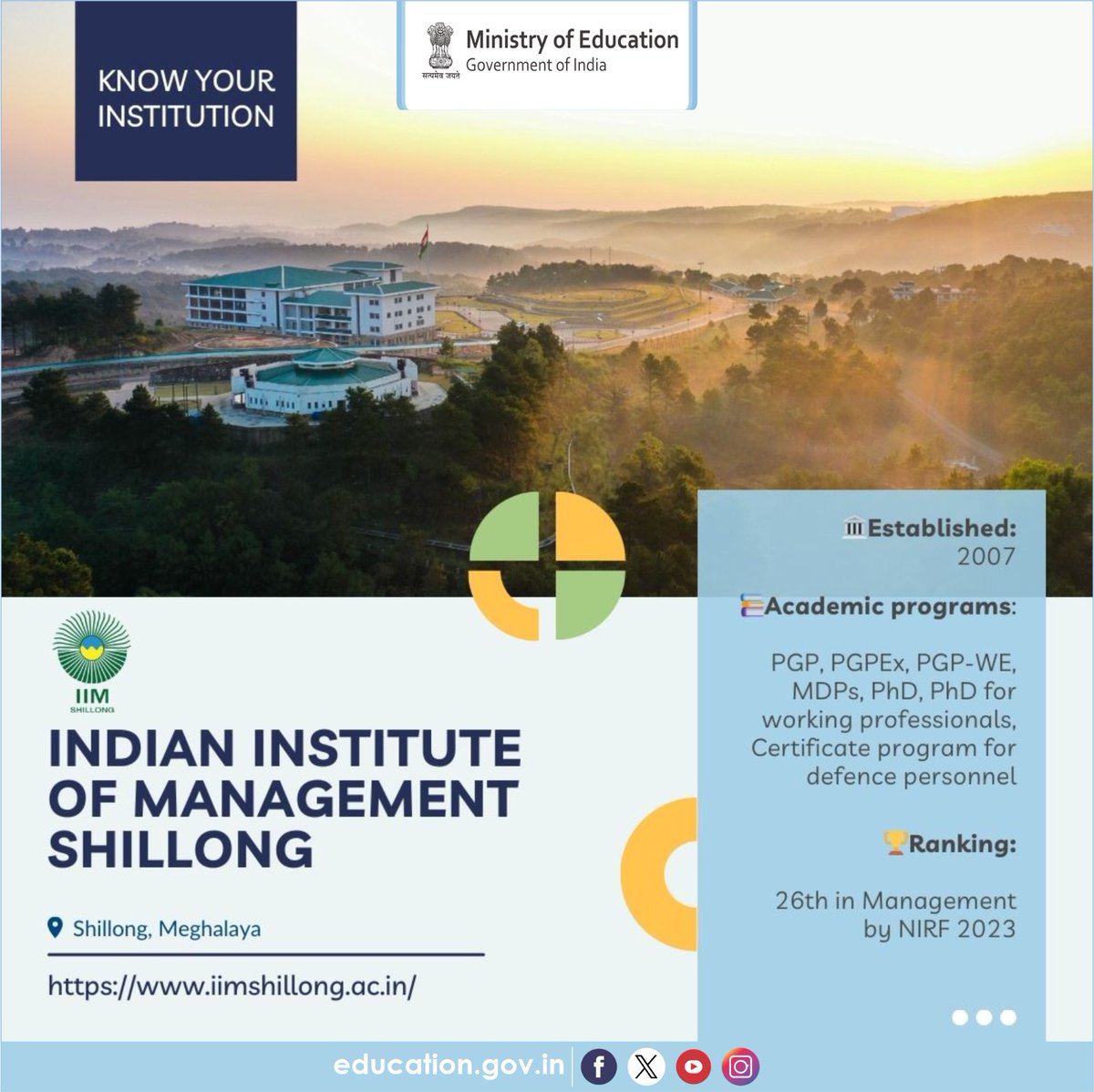 Know about the HEIs of India! Established in 2007, IIM Shillong is actively engaged in transforming the overall management ecosystem through its wide range of academic programmes. It includes PGP, PGPEx, PGP-WE, MDPs, PhD, PhD customized for working professionals, and a