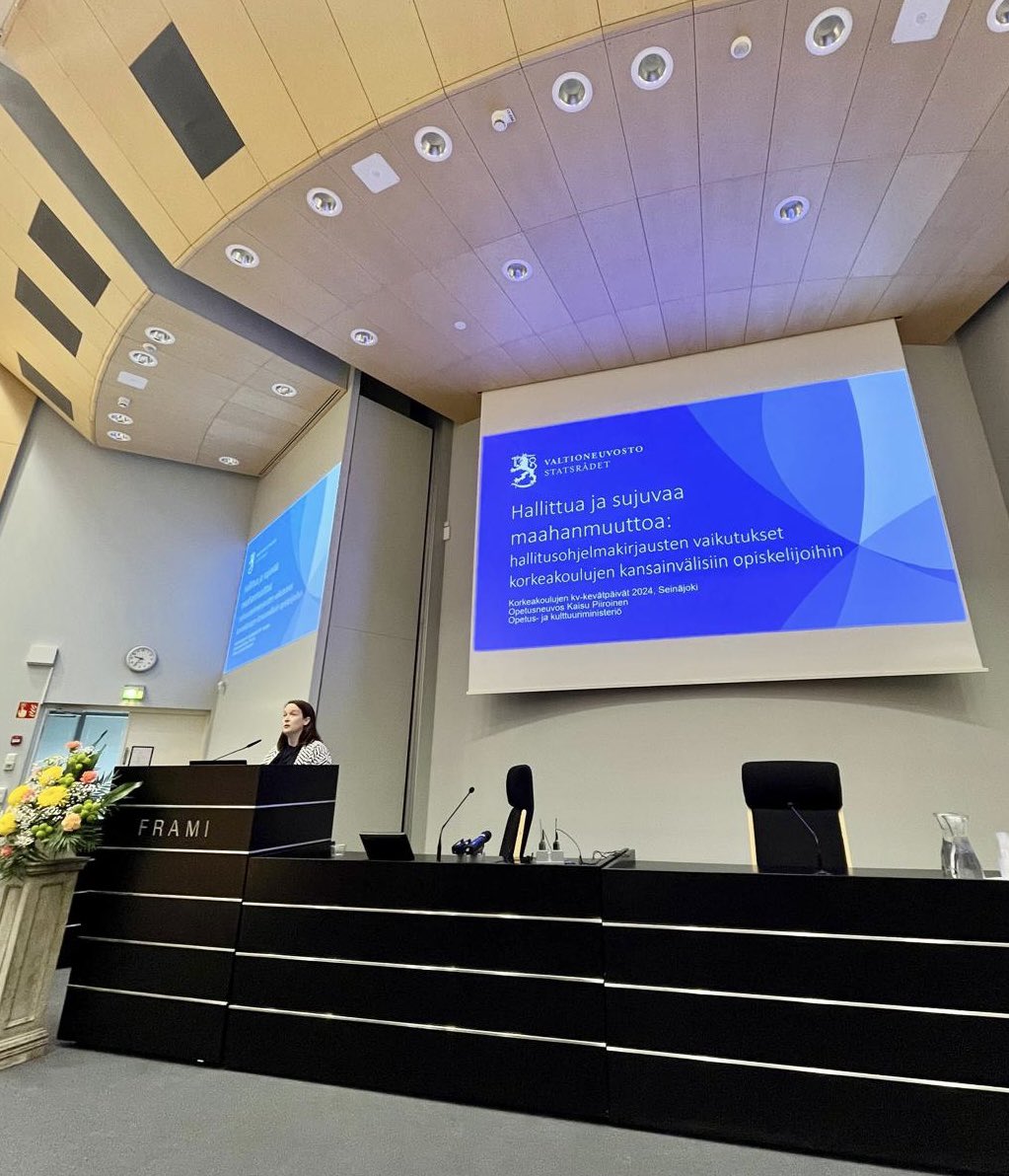 EDUFI_HigherEd's tweet photo. 🎤 Kaisu-Maria Piiroinen, Senior Ministerial Advisor at @OKM, addressing the effects of the Government’s Program on international students at Finnish HEIs. #kvkevatpaivat #springforum #vardagar https://t.co/lDXcbI4zMR