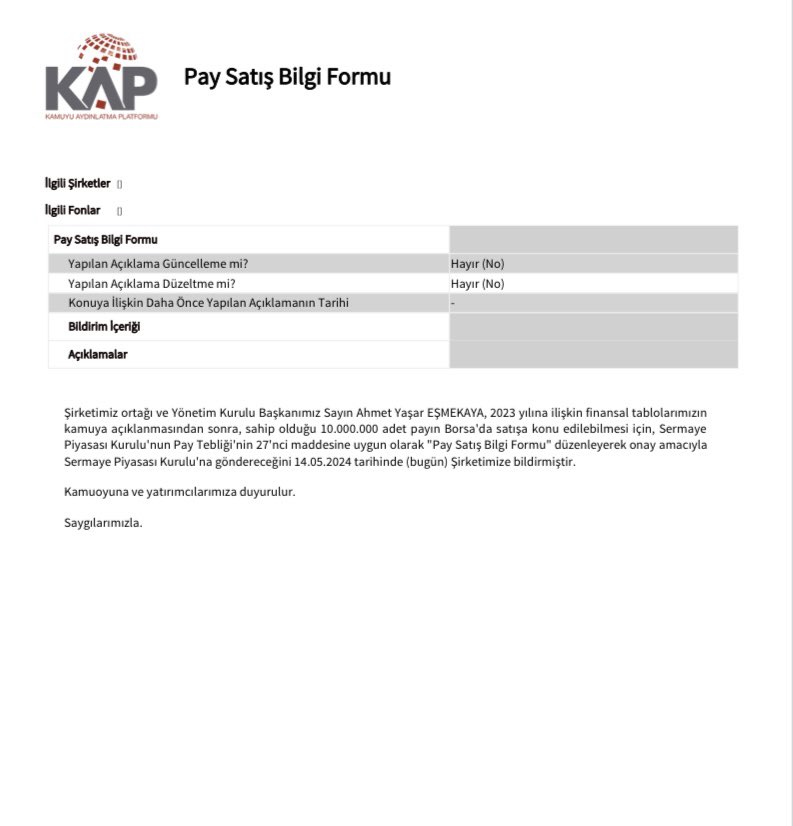 KAP'ı operasyonel mi kullanıyorlar? Şirket patronu 14 Mayıs seans sonrası Kap'a yüklü hisse satışı yapacağını bildiriyor. Hem de bilanço öncesi Ertesi gün seans içinde, hisse tabanken, 'vazgeçtim, satmıyorum' diyor. Hisse kalkıp tekrar taban oluyor SPK artık bu KAP