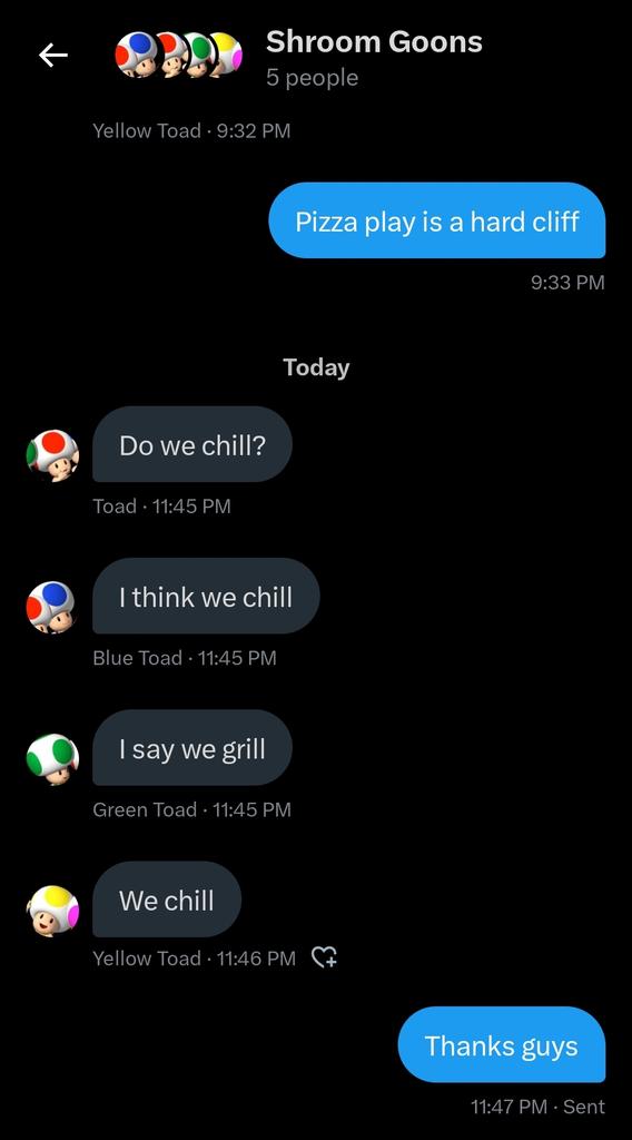 LeanToadstool02's tweet image. We came to a civilized agreement to not grill tf out of people and be civilized