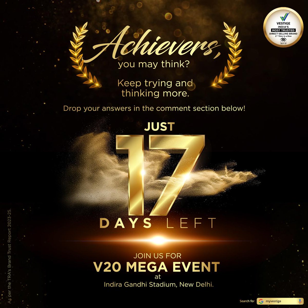 Only 17 days left for the the V20 Mega Event! 

Get ready for an unforgettable experience. 

Stay tuned for more updates.

#Veslim #Vestige #weightmanagement #missionslimpossible #VEDM #Energydrinkmix #wellness #wealth
