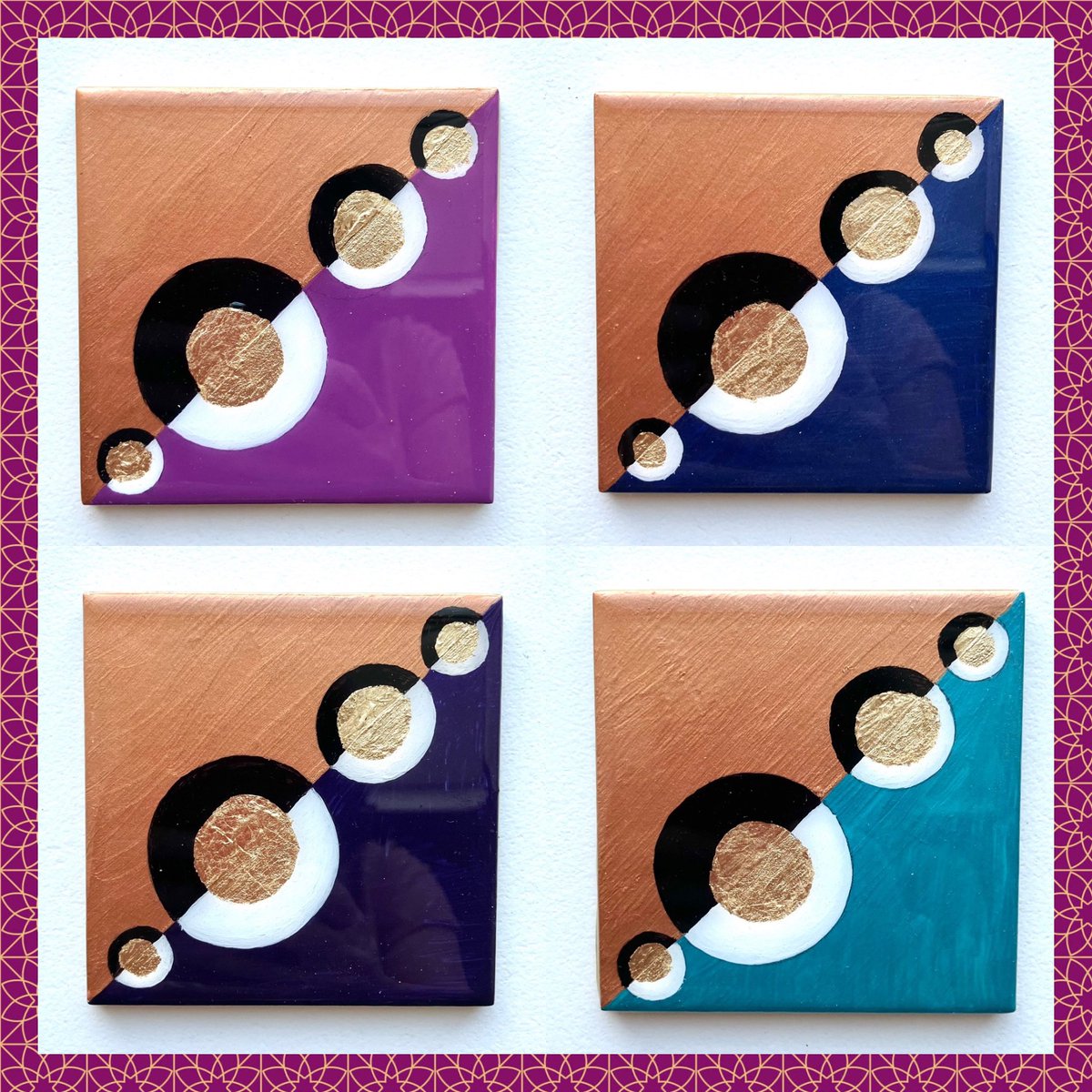 A set of four hand painted coasters with a resin top coat & cork backing. Perfect for dressing the table up with your favourite drink. An ideal gift to give: muresindesigns.etsy.com/listing/172346… #earlybiz #ukmakers #craftbizparty #etsyfindsoftheday #handmadegift #handpainted
