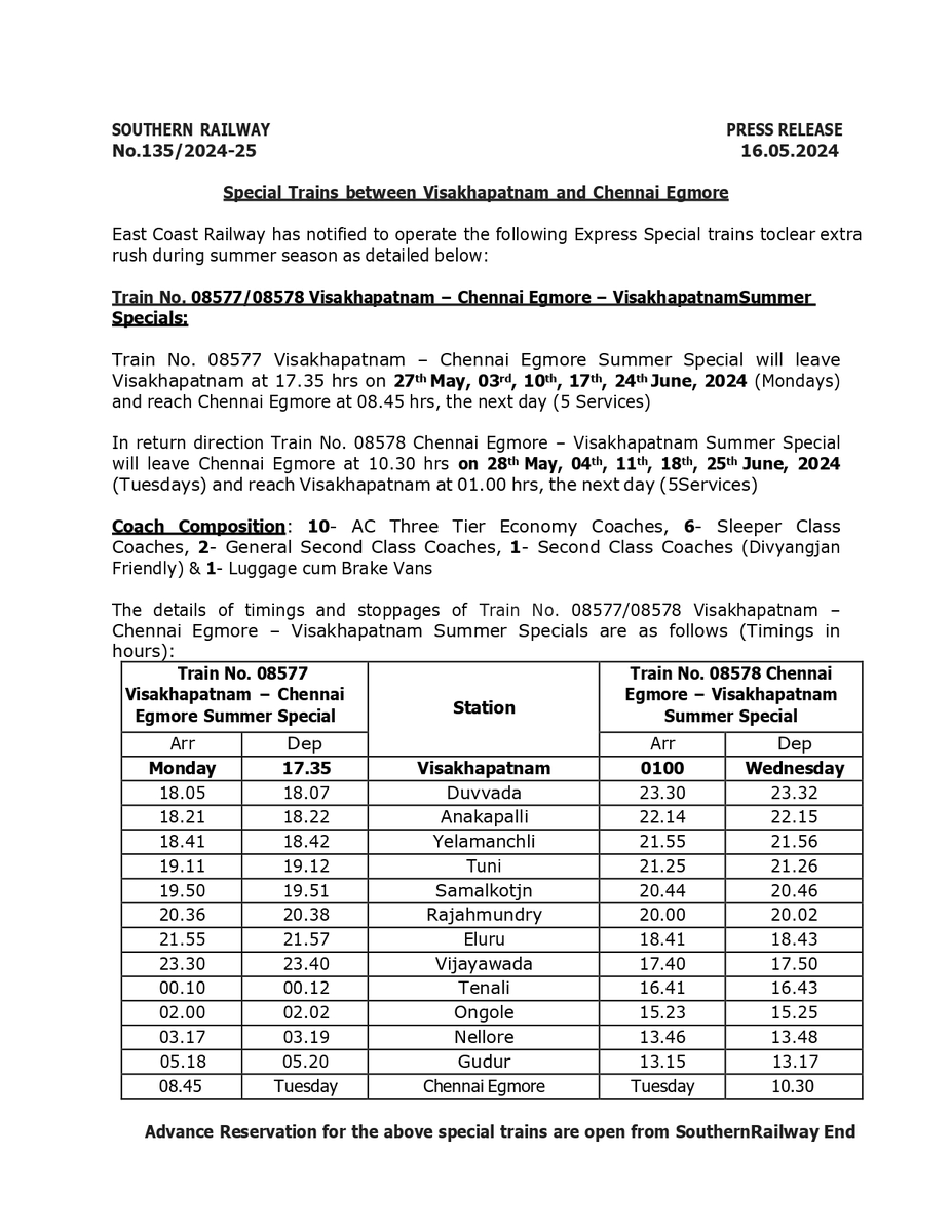 East Coast Railway has notified to operate #SpecialTrains between #Visakhapatnam and #Chennai Egmore to clear extra rush during the #SummerSeason.

Passengers, kindly take note and plan your journey!

#SouthernRailway #SummerSpecial #RailwayUpdate #RailwayAlert