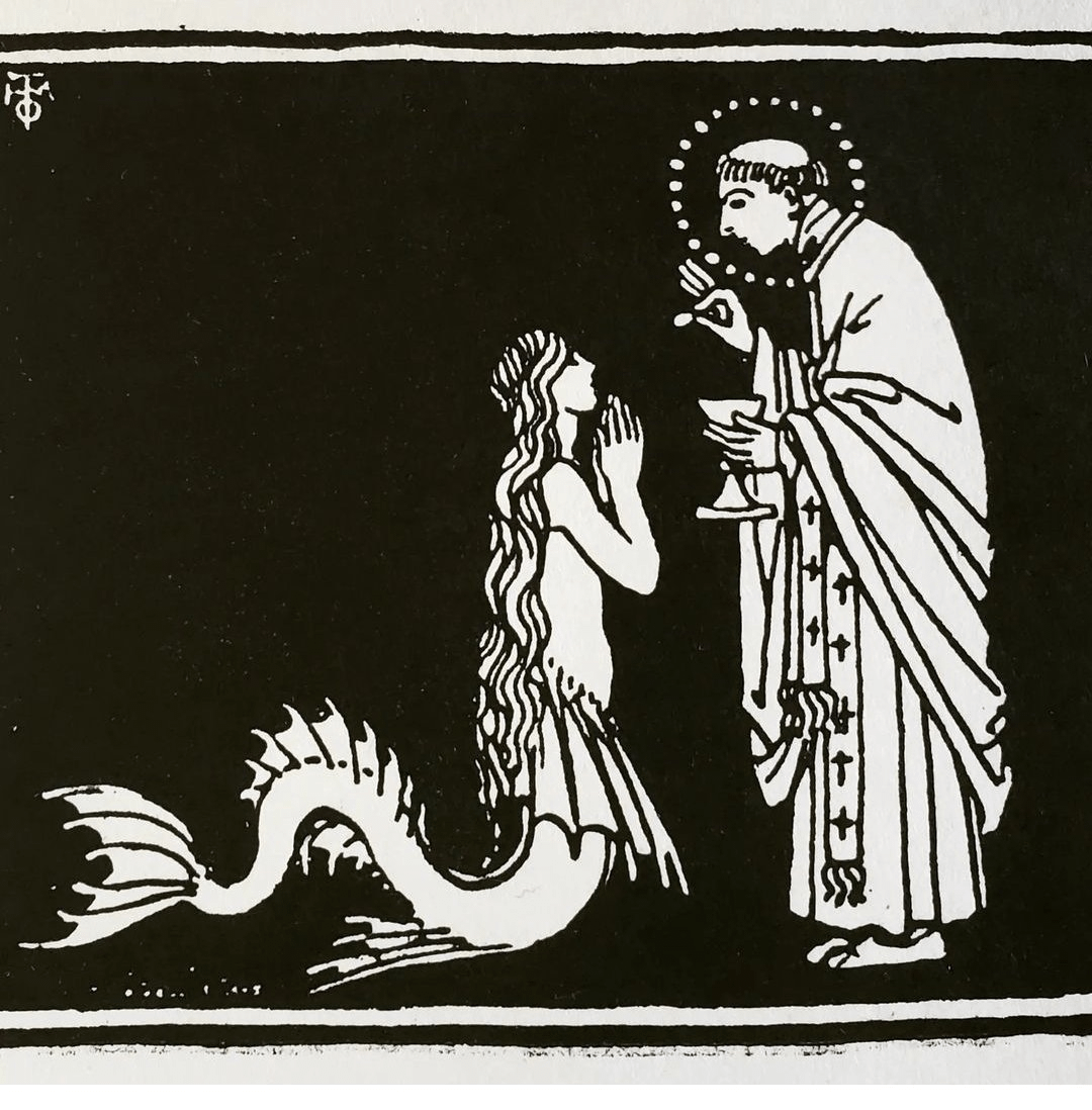 Today is the Feast of St. Brendan the Navigator. Celtic saint, monastic founder, abbot, and hero of legendary voyages in the Atlantic Ocean. He is seen here giving Holy Communion to a mermaid in this brilliant etching.