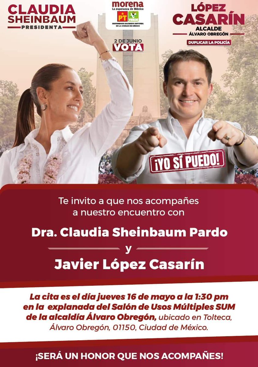 Acompañemos a nuestra próxima #Presidenta @Claudiashein y nuestro próximo #Alcalde @LopezCasarinJ en esta gran fiesta de alegría, unidad, amor y transformación! 🥳🎊🎈🎉 ¡Somos #AmorPorÁlvaroObregón 🫶🏻 ¡Ya Ganamos! 🏆 #MorenaVa #CasarínAlcalde