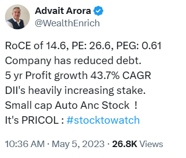 Strong Q4 numbers
#Pricol YoY
Sales:     12% ⬆️
EBIDT:    21% ⬆️
NP:          39% ⬆️
EPS:        39% ⬆️
Compounded  Growth
3 Years Sales :17% 
3 Years Profit :44% 
#stocktowatch