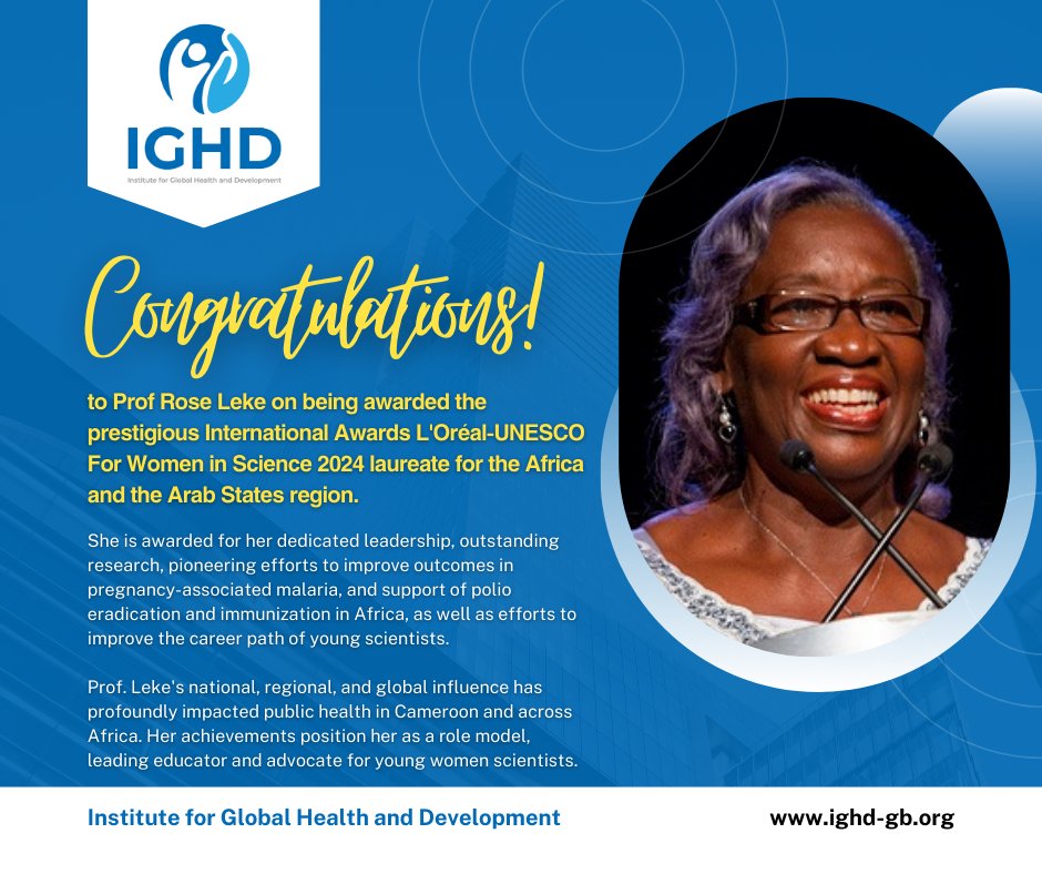 We wish to congratulate Prof <a href="/LekeRose/">Rose Gana F.Leke</a> from #Cameroon, Emeritus Professor of Immunology &amp; Infectious Diseases at the University of Yaounde, who has been awarded the prestigious International Awards L'Oréal-UNESCO #ForWomeninScience 2024 laureate for Africa and Arab States region.