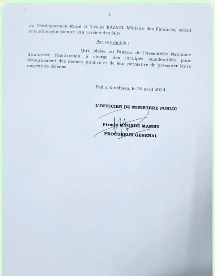 #RDC| #Justice: Le Procureur Général de la République près la cour des cassation @firminmvonde demande l’autorisation à l’assemblée nationale pour poursuivre deux ministres @nskazadi (Nicolas Kazadi) Ministre des finances et Rubota François du développement rurale dans l’affaire