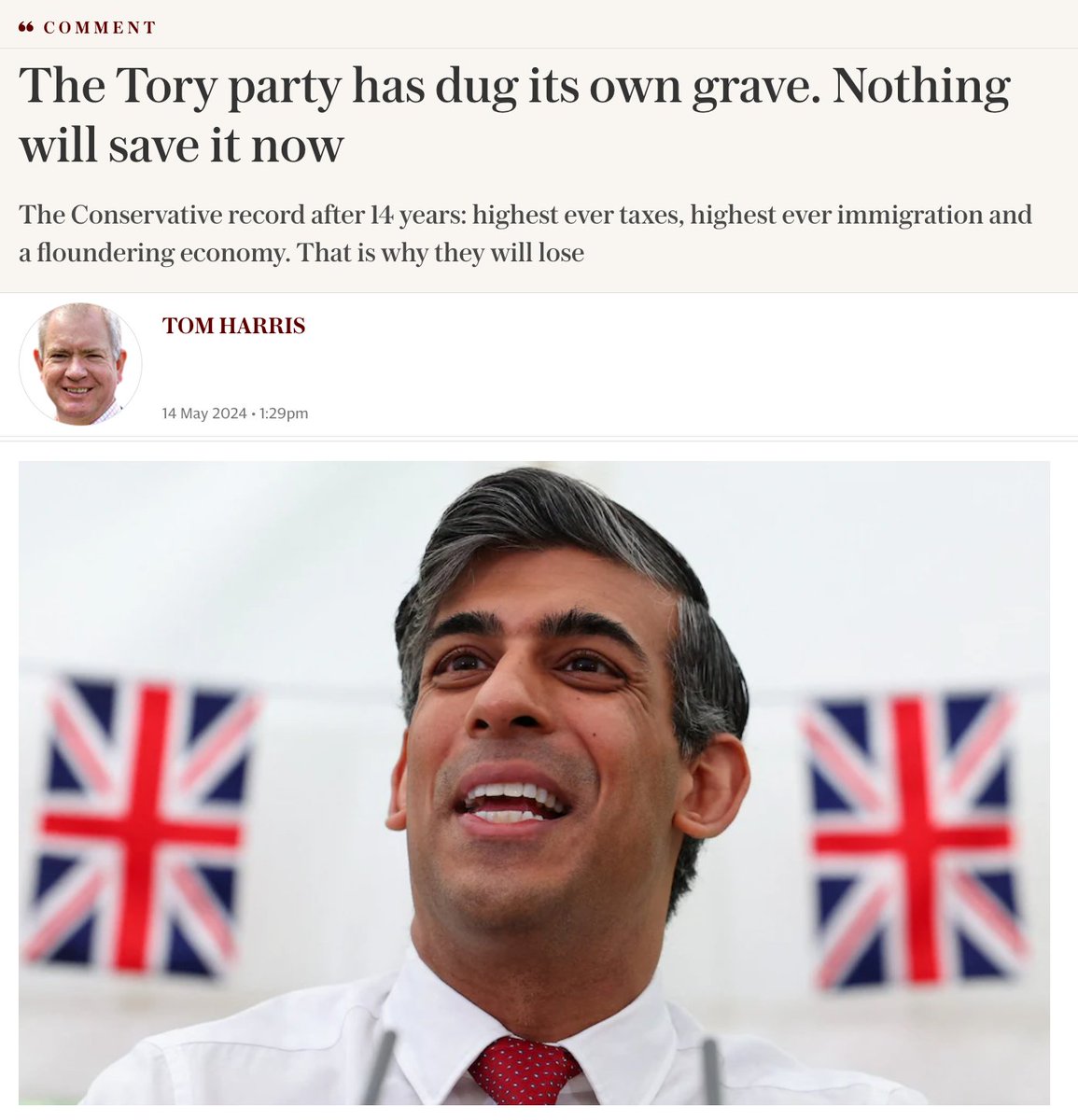 'The Tory party has dug its own grave. Nothing will save it now' Read all about tory decline in... *checks notes* the Telegraph?!