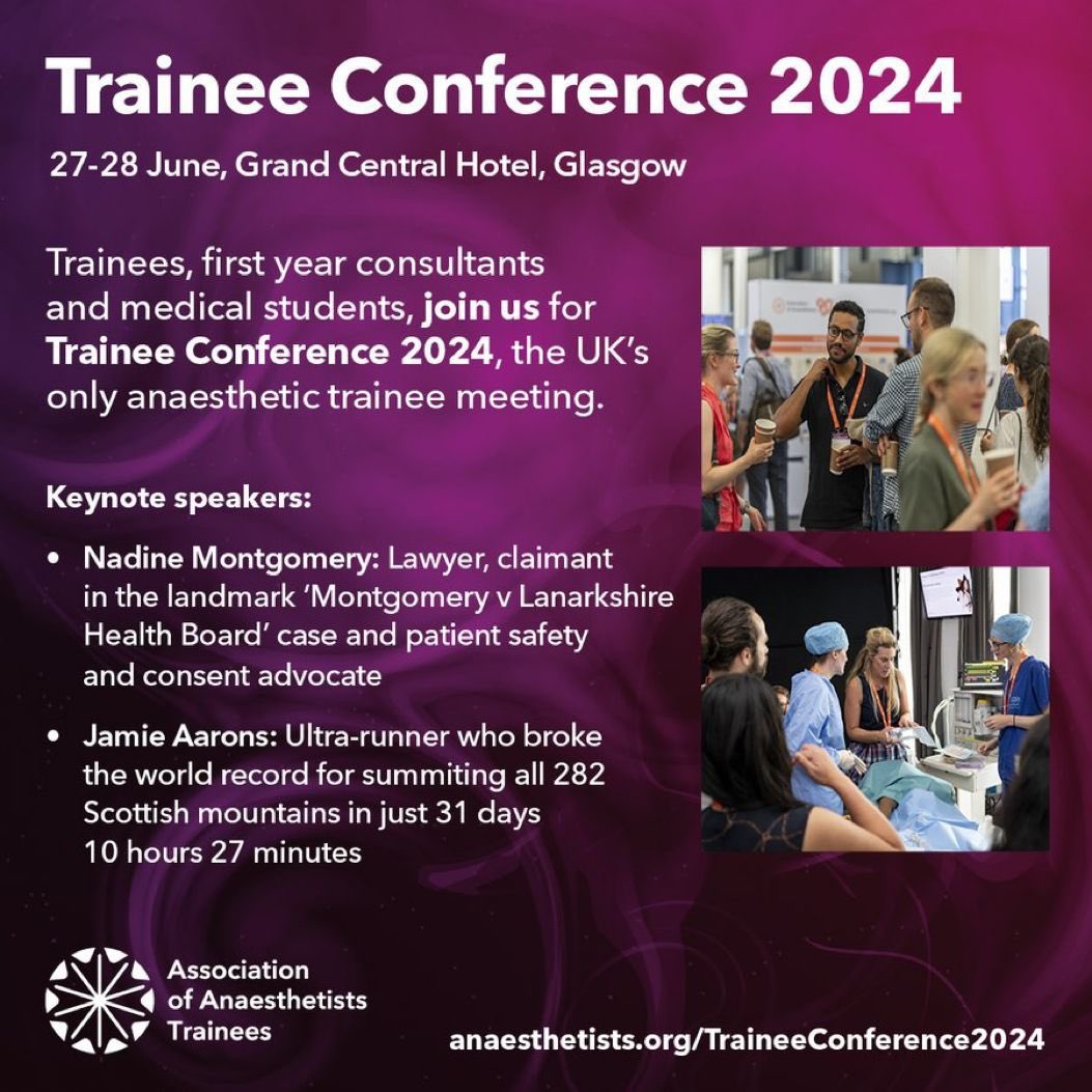 Final hours left to book early bird tickets for Trainee Conference 2024 in Glasgow for £295! (What a bargain!) - amazing new workshops - a free social after the first day with whisky tasting! anaesthetists.org/Home/Education…