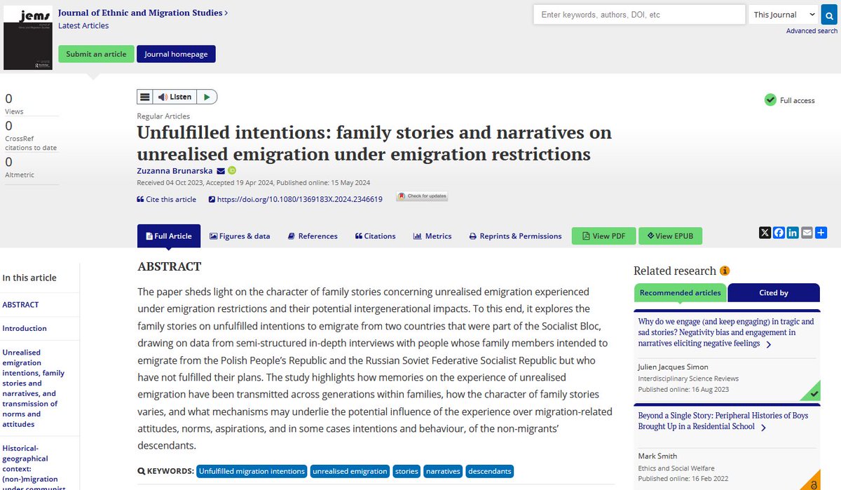 In a new paper @scmrjems, drawing on interviews with people whose family members intended to emigrate from communist Poland & Russia but have not fulfilled their plans, I explore family stories on unrealised emigration experienced under... doi.org/10.1080/136918… 1/