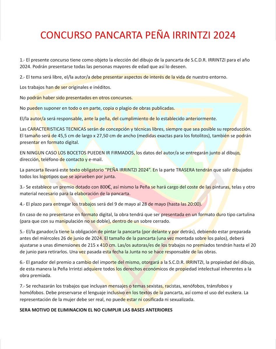 Hemen da 2024ko Irrintzi Peñako Pankarta Lehiaketa.
ANIMA ZAITEZTE PARTE HARTZERA!!!
Ha llegado el Concurso de Pancartas de la Peña Irrintzi 2024.
ANIMAOS A PARTICIPAR!!!