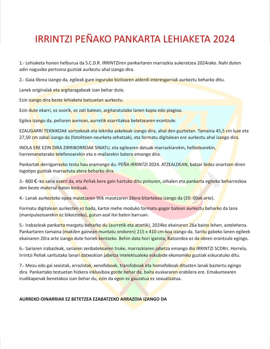 irrintzii's tweet photo. Hemen da 2024ko Irrintzi Peñako Pankarta Lehiaketa.
ANIMA ZAITEZTE PARTE HARTZERA!!!
Ha llegado el Concurso de Pancartas de la Peña Irrintzi 2024.
ANIMAOS A PARTICIPAR!!! https://t.co/2OYMQAIUaP