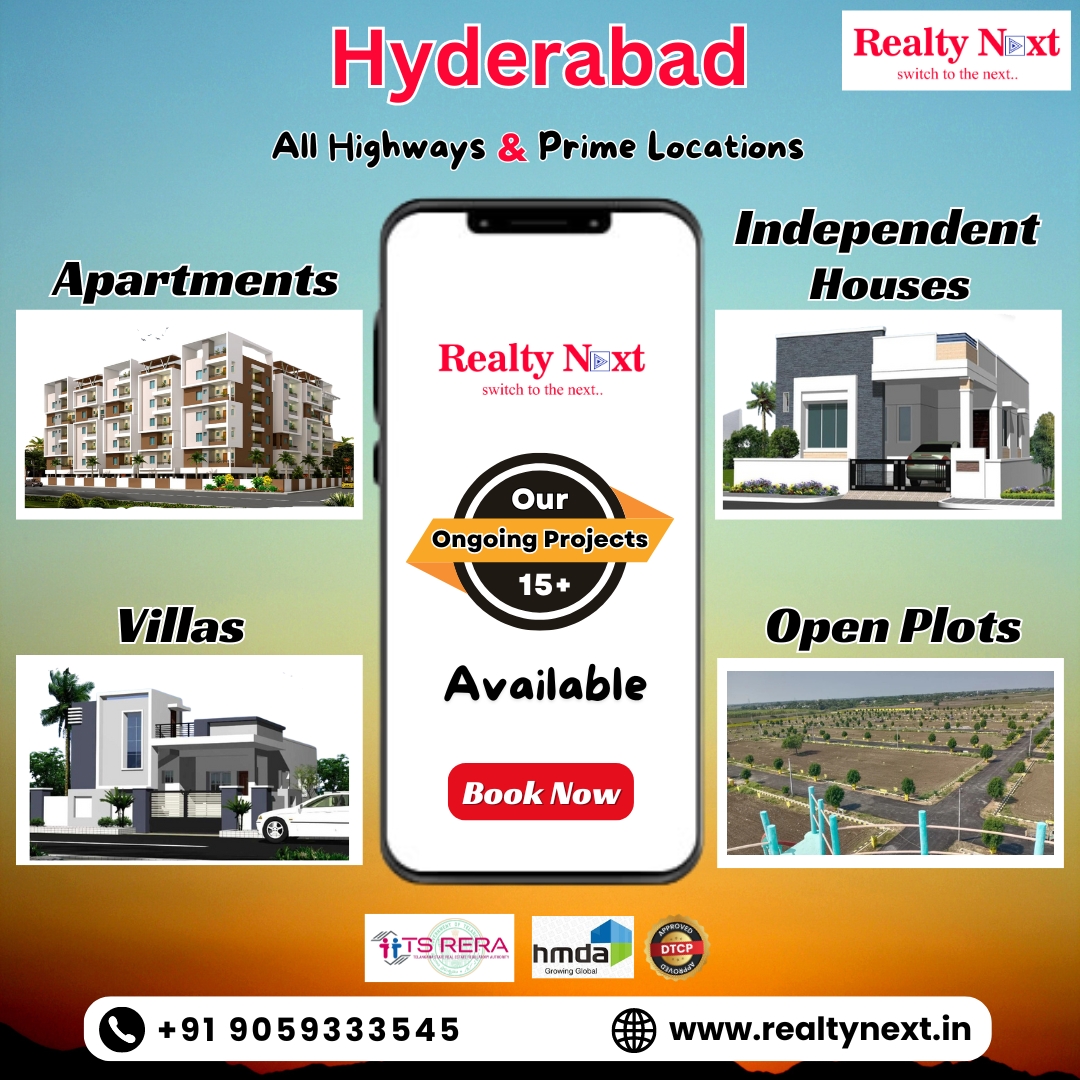 Realty Next has a wide variety of apartments, independent houses, villas, and open plots available in Hyderabad. 
Call Now: 9059333545
#realtynext #RealEstate #Hyderabad #residential #investment #property #Trending #Telangana #buyingconent #investing #offers #RERA #forsale
#GHMC