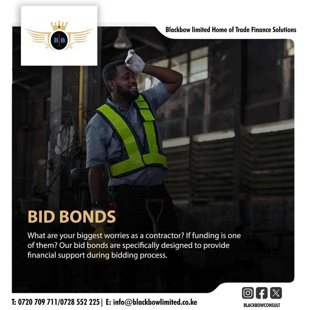 What are your biggest worries as a contractor? Our bid bonds are designed to provide financial support during the bidding process. Talk to us.

#Bidbonds #perfomancebonds #homeofcustomizedtradefinancesolutions #Tradefinanceexperts #blackbow