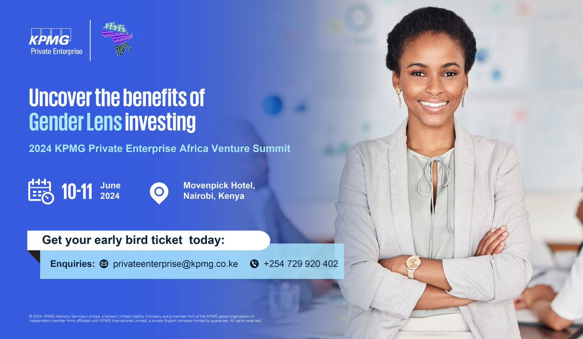 Uncover the benefits of gender lens investing at the upcoming KPMG Private Enterprise Africa Venture Summit from 10 - 11 June 2024 in #Nairobi!

Don't miss your chance to network with #investors, #accelerators, #founders, and #startups from across Africa: bit.ly/KPMGAfricaVent…