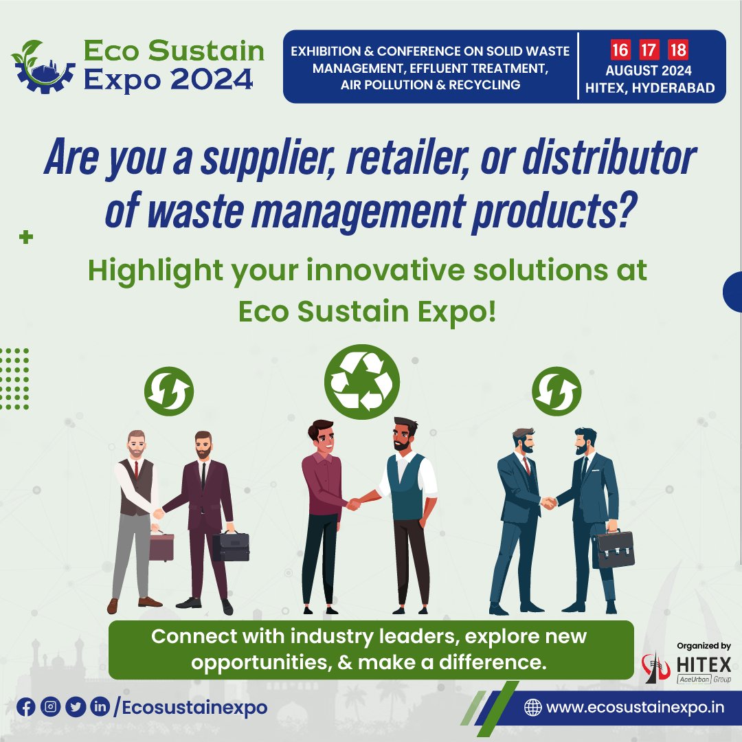 Calling all suppliers, retailers, and distributors of waste management products! Showcase your innovative solutions at Eco Sustain Expo and take your business to new heights.

#Innovators #Startups #Registernow #Exhibitor #Ecoinnovators #Event #Ecosustainexpo #networkingevent