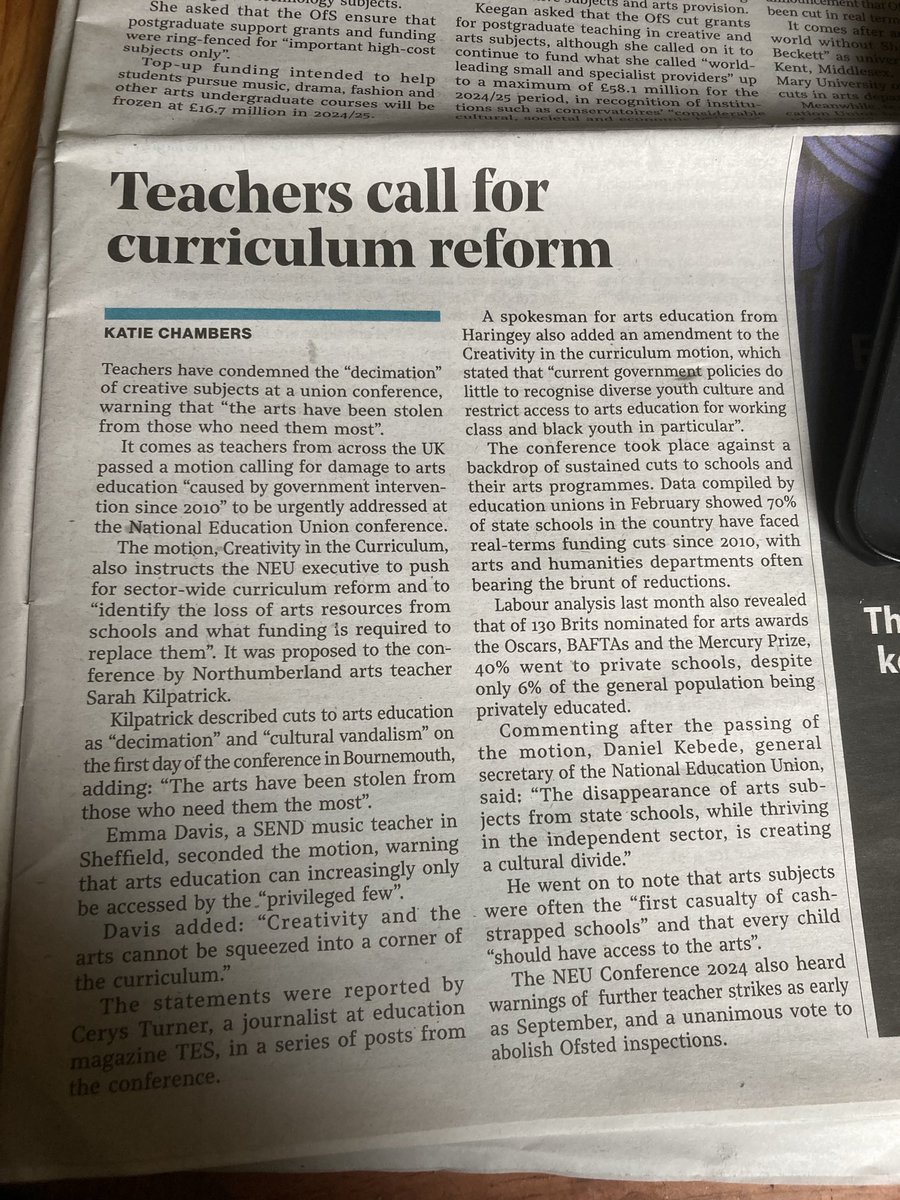 More calls from teachers to reverse disastrous and unethical cuts to arts in state schools ⁦@WeAreTeachers⁩ ⁦⁦@London_Drama⁩ ⁦@National_Drama⁩