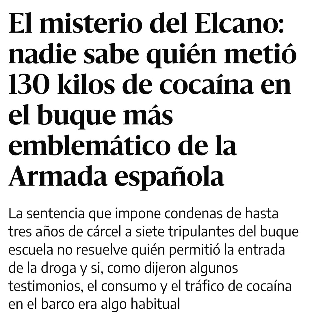 🔴 Nadie sabe qué alto mando permitió la subida de 130 kilos de coca al buque Sebastián Elcano.

No puede saberse.

Como siempre, han condenado a los subordinados que obedecieron las órdenes.
eldiario.es/politica/miste…