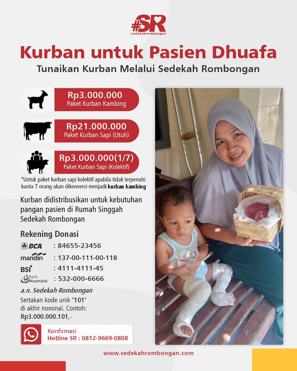 ikutan yuk Tebar Qurban bersama SR untuk pasien dhuafa dan masyarakat membutuhkan lainnya 🥰

Hubungi Hotline SR 0812-9669-0808 untuk informasi selengkapnya