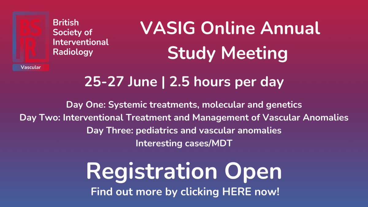 🌟 Join us for the VASIG Online Study on Vascular Anomalies, hosted by Leeds Teaching Hospital! 🗓️ June 25-27, 6-8:15 PM GMT. Dive into genetics, interventional treatments & paediatric approaches. Earn 6 CPD points! 📧 Register: jonathan.pearce3@nhs.net #VASIG2024