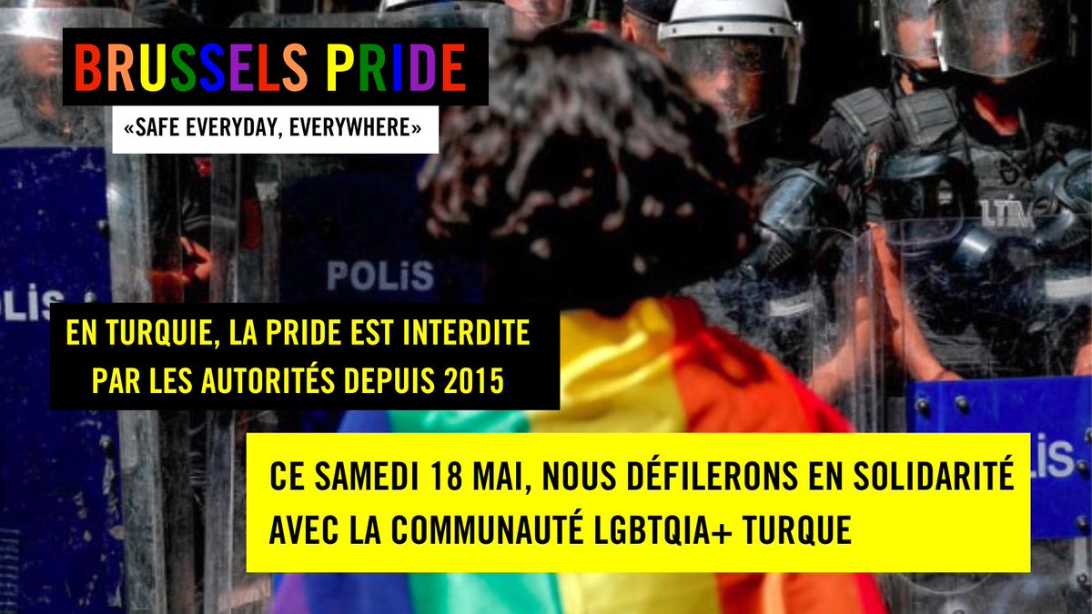 🏳️‍🌈Depuis 2015, en #Turquie , la Pride est interdite. Ce 18 mai, à 14h nous soutiendrons les communautés LGBTQIA+ qui y sont réprimées violemment. Le thème de cette année: «safe everyday, everywhere» ➡️ plus que jamais vrai en Turquie. Inscrivez-vous amnesty-international.be/pride