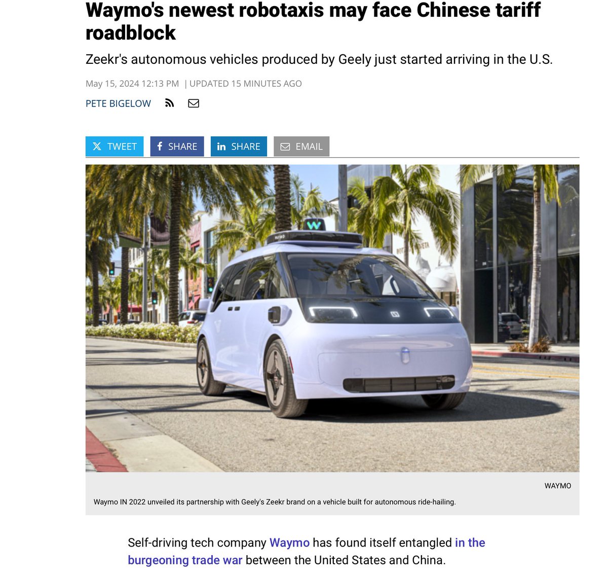 Waymo’s newest robotaxis may face Chinese tariff roadblock