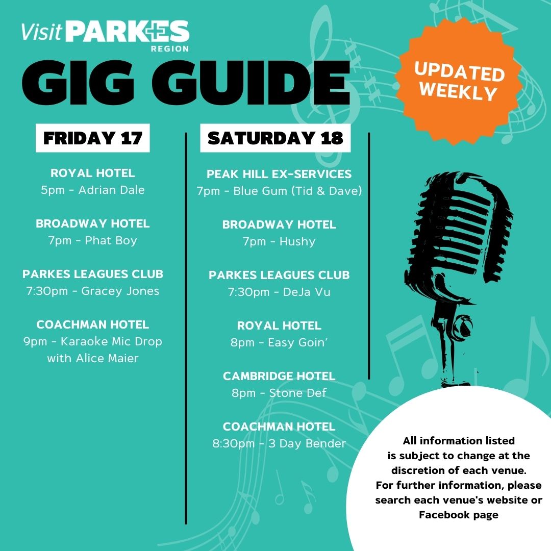 Discover the most electrifying live music events in our vibrant Shire this weekend! 🎶 The gig guide is your one-stop source for all the thrilling things happening! #visitparkes