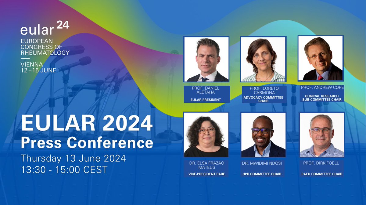 📢 Calling all journalists! Join us at the #EULAR2024 Press Conference in Vienna. 🔍13 June 2024, Time: 13:30 - 15:00 CEST 📝Register here: congress.eular.org/press_registra… ](congress.eular.org/press_registra… '/linkBuilder_3WIe4Bv8z18iBUUG6LaoxJ') #EULARCongress #Rheumatology #MedicalMedia
