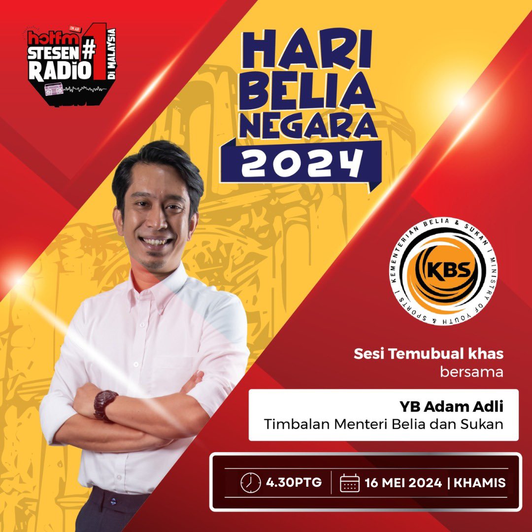 HARI BELIA NEGARA 2024 Dengarkan sesi temubual khas dengan topik ‘Hari Belia Negara 2024’ bersama YB Adam Adli, Timbalan Menteri Belia dan Sukan pada: 🗓️ 16 Mei 2024 (Khamis) ⏰ 4.30 Petang 📻 HotFM #TeamKBS #DemiMalaysia #MalaysiaMADANI