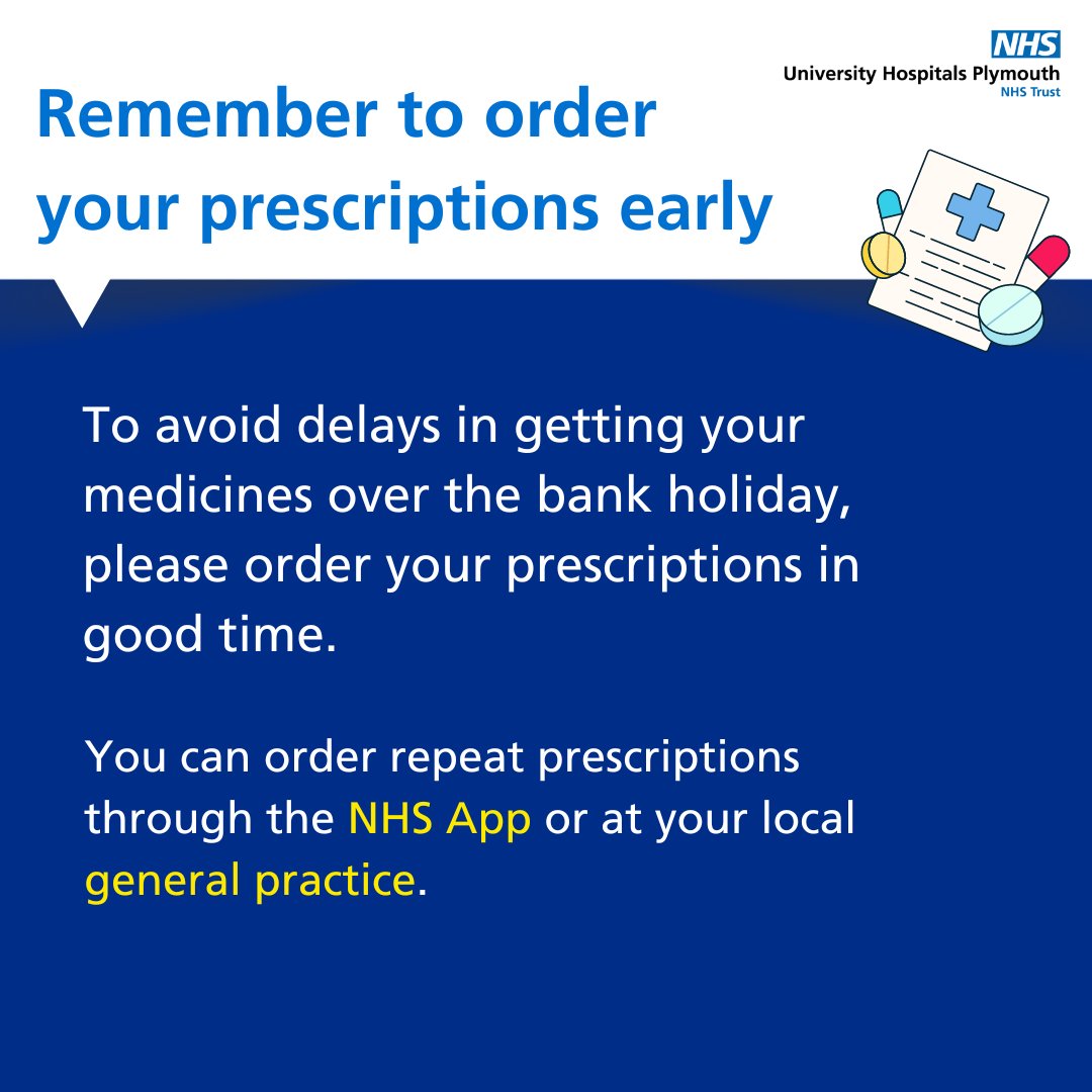 With the bank holiday approaching, make sure you order your repeat prescription in advance. For more information on how to do this, visit nhs.uk/nhs-services/o…
