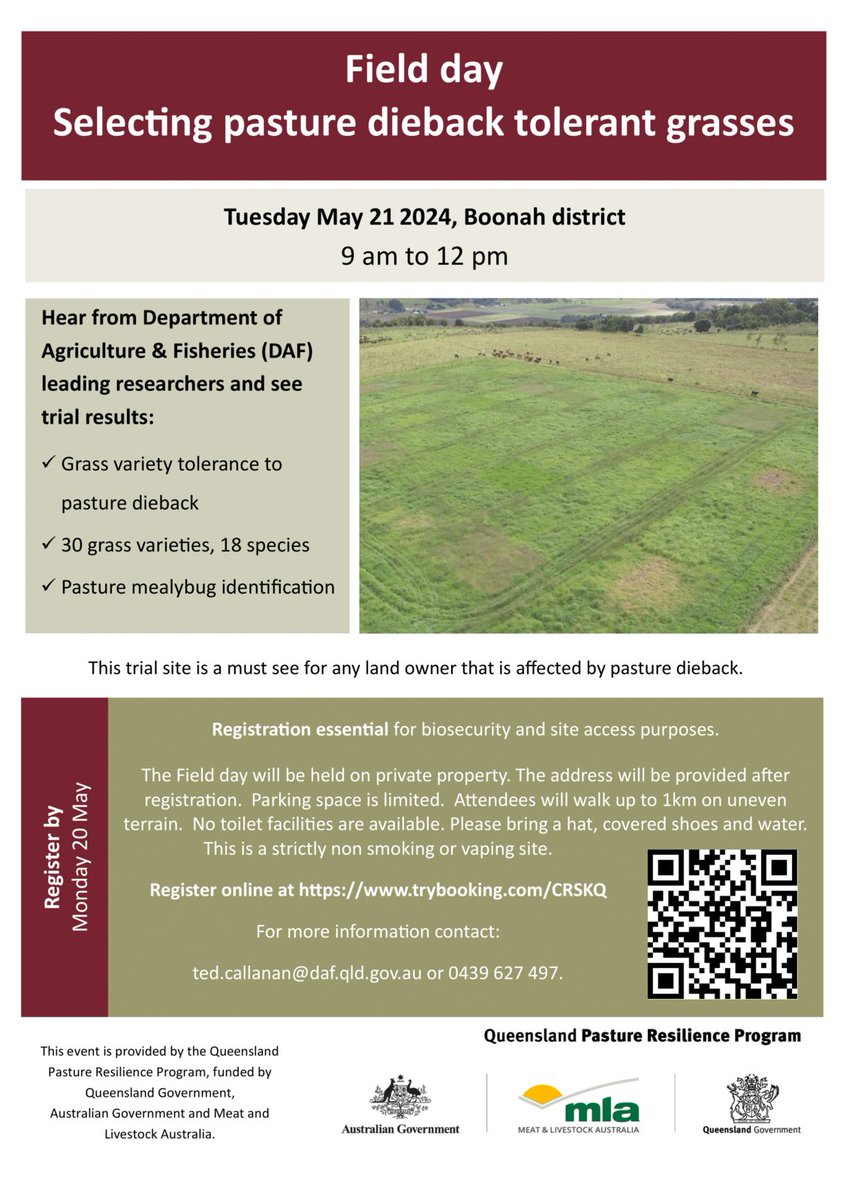 Do you need some help managing pasture dieback on your property?

Learn how to select pasture dieback tolerant grasses and identify pasture mealybug in this upcoming field day 🍃

Tuesday 21 May, Boonah District

Register here 👉 brnw.ch/21wJPao

@DAFQld @meatlivestock