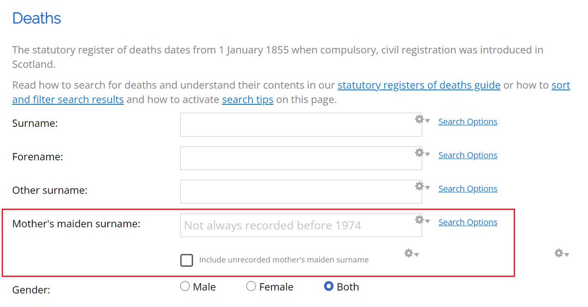 You can search for and find mother’s maiden name on some death entries.

Records are mostly complete up to 1930 and we’re working on filling in information on more modern entries.

Find more about statutory death records 👇

bit.ly/RegisterOfDeat…