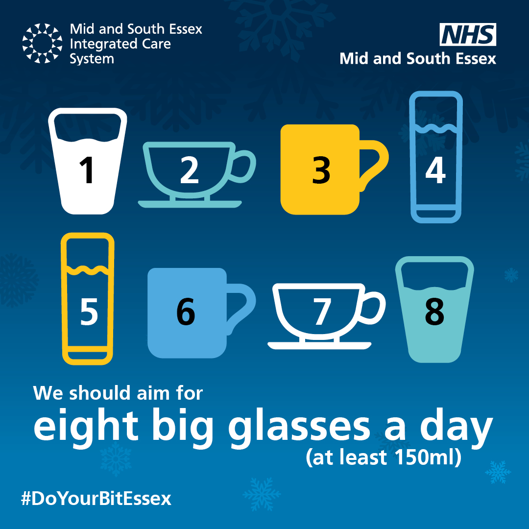 You can keep healthy and prevent a urinary tract infection by having eight drinks a day. Water is best, but milk, tea, coffee and fruit juice can all count, make sure to watch caffeine and sugar intake. For more visit: midandsouthessex.ics.nhs.uk/health/campaig… #DoYourBitEssex
