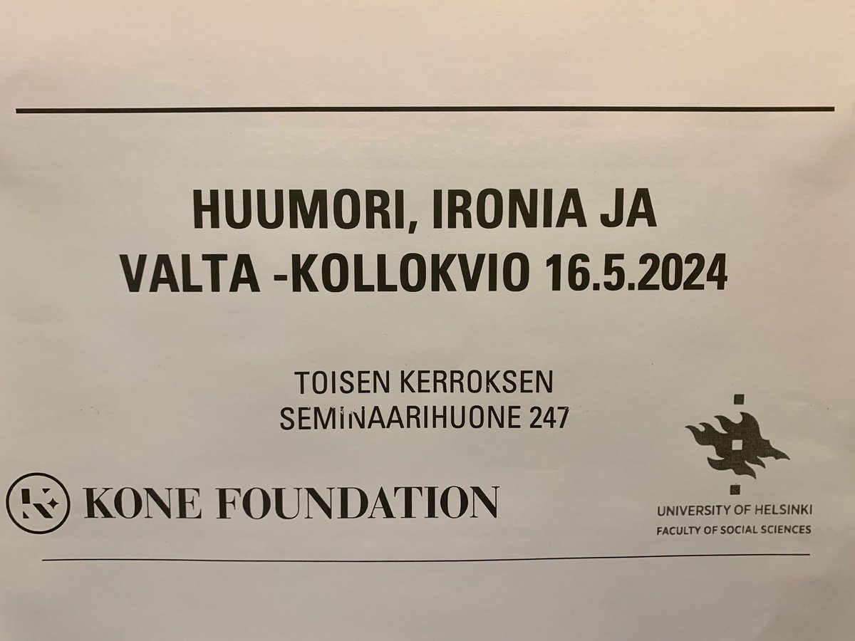 Tänään alkaa meidän Huumori, ironia ja valta -kollokviomme! ✨ Huomenna luvassa julkinen tilaisuus Huumori ja ironia politiikassa Tiedekulmassa klo 13, tervetuloa mukaan! Keskustelupaneelin johtaa @rubenstiller, mukana @jahapaula @JanneZareff @joonaskoivukosk @KaarinaNikunen