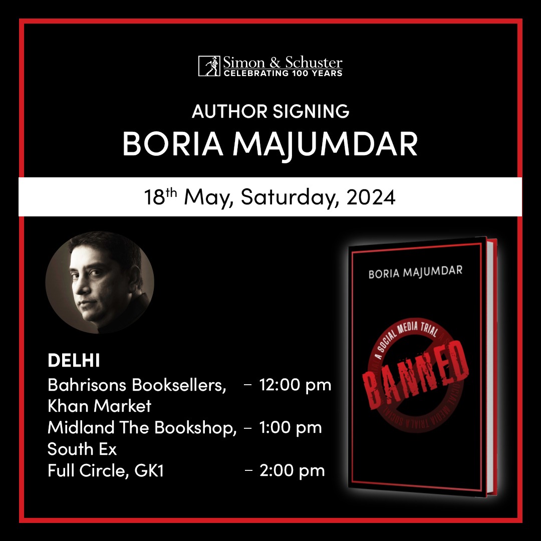 #MeetTheAuthor @BoriaMajumdar, the author of 'Banned: A Social Media Trial', will be visiting the above bookstores to sign his books on 8th May! Mark your calendar! #TruthRevealed @Bahrisons_books @midlandsouthex @FullCircleReads #booksigning #corporatcomics #bookstorevisit