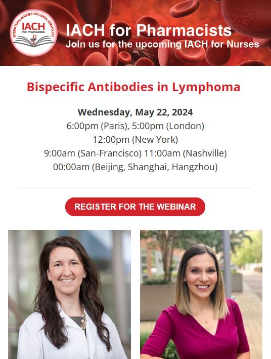 📢Join us for the upcoming @TheIACH for Pharmacists: Bispecific Antibodies in Lymphoma with Sarah Profitt and Katie Gatwood 🗓️May 22 2024 ⏲️6PM CET, 12PM NY Register for FREE 👇👇 bit.ly/3UBhKD2 @sarahstump1 @katieskam @Mohty_EBMT