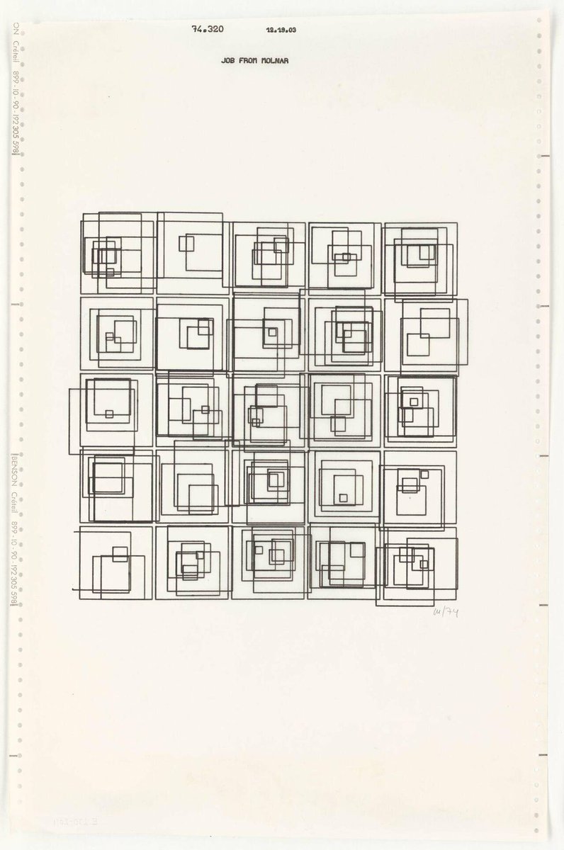 Visheh_xyz's tweet image. Structure of Squares (1974) by Vera Molnar, plotter drawing
A pioneer in computer and algorithmic art based on defined rules which determined the addition, transformation &amp;amp; linkage of series of figures or lines made drawing a completely predetermined act.
#generative_art #art