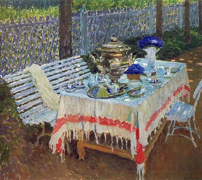 GOOD MORNING EVERYONE!!!☕️🥐😊 HAVE A GOOD DAY!!!✌️ Igor Grabar 'Morning tea', 1917, oil on canvas, landscape, still life.