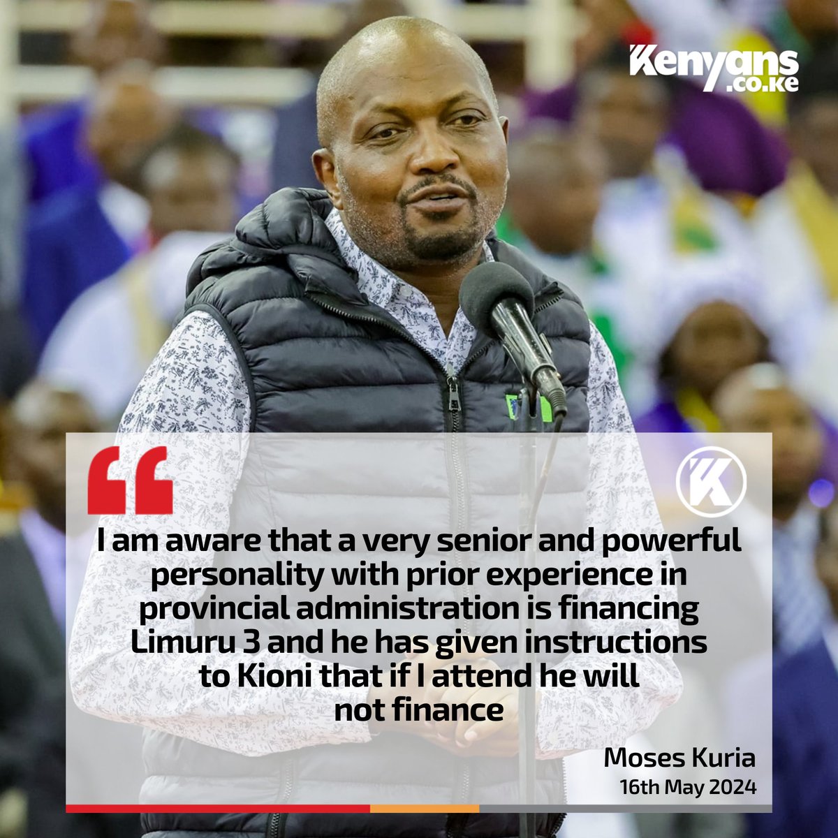I am aware that a very senior and powerful personality with prior experience in provincial administration is financing Limuru 3 - Moses Kuria