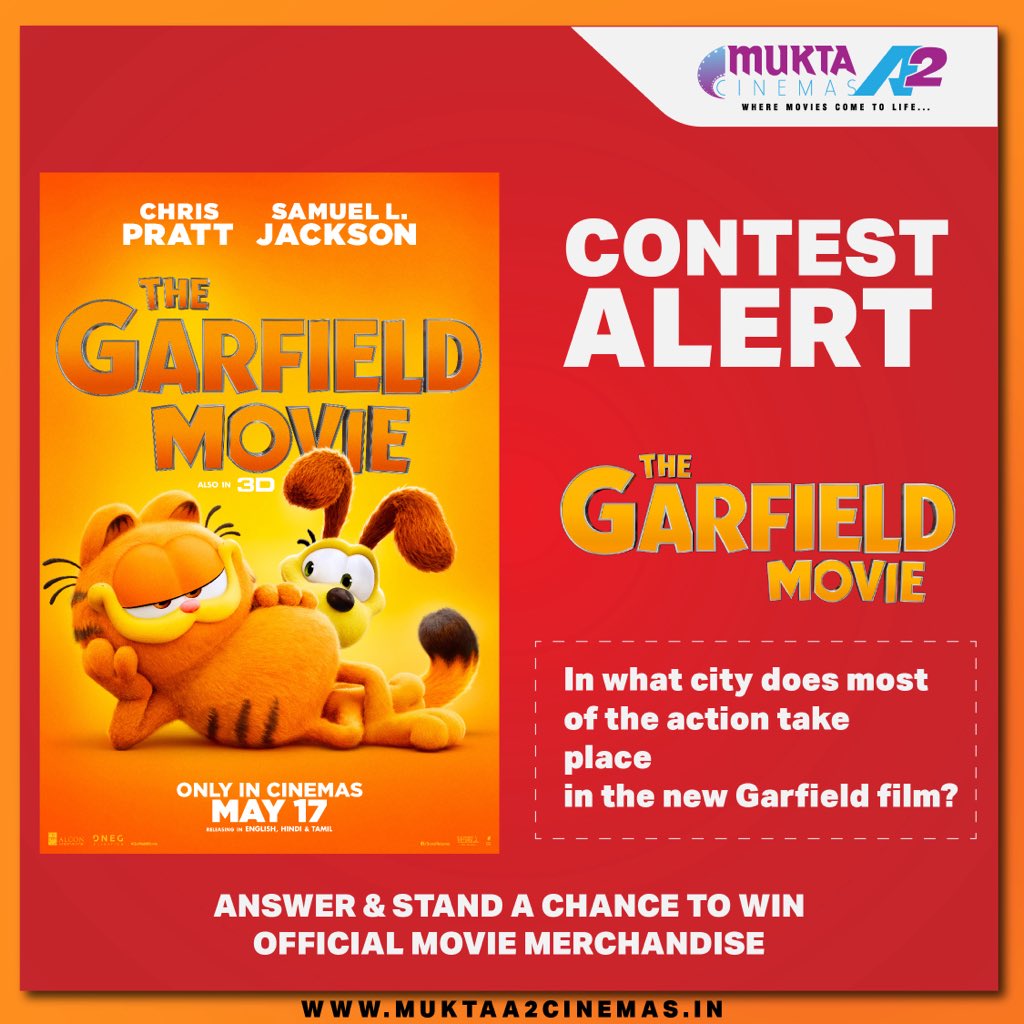 Get ready for a purr-fect adventure! Join our Garfield movie contest and win exclusive movie merchandise. Catch Garfield on the big screen at MuktaA2 Cinemas tomorrow! 

1-Answer the question in the comment section. 
2-Tag 5 friends to participate. 
3- Follow @muktaa2cinemas