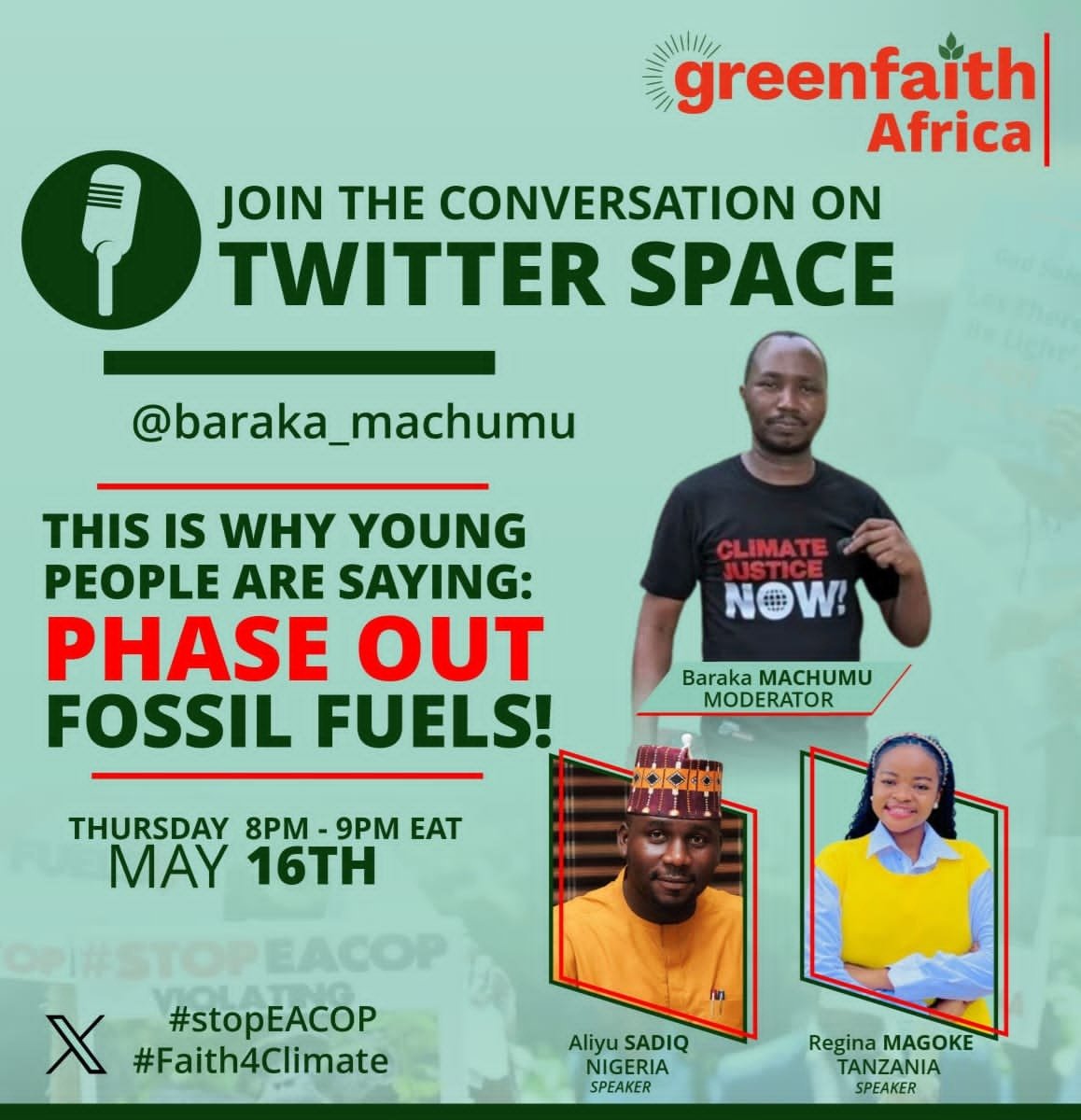 Don't let this session slip by without your participation.

There's so much to gain from our fellow activists, their varied background and experiences offer invaluable insight into positive changes. 

#Faith4Climate #StopEACOP 
@Regina_Magoke @aliyusadiq_gky @baraka_machumu