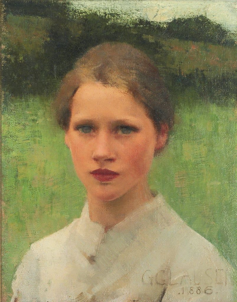 A Village Maiden (1886) by George Clausen (British artist, lived 1852–1944). Mary (Polly) Baldwin. The Clausen's took her on as a nursemaid and she stayed for years, modelling for other paintings.